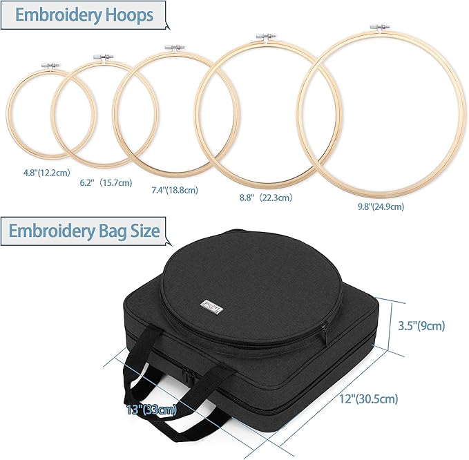 LoDrid Embroidery Kit, Embroidery Project Bag with Embroidery Kit, Portable Craft Carry Case with Starter Kit, Embroidery Supplies Storage Bag and Cross Stitch Kits for Beginners, Adults, Black