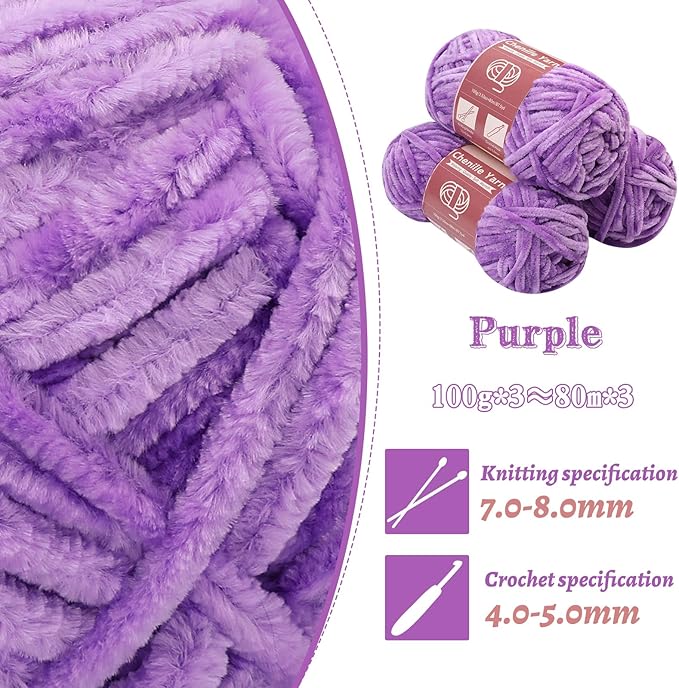 LUNARM Chenille Yarn for Crocheting Knitting, 3 Skein 263 Yard Thick Soft Chunky Fluffy Weaving Plush Yarn for Blankets Clothes Pattern Creations with Big Eye Needles (Purple)