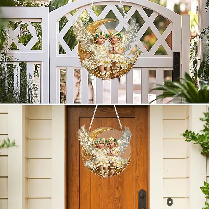 MXJSUA Moon Beautiful Angels Diamond Art Hanging Kits for Adults Beginners, Crystal Diamond Suncatchers, Special Shape Diamond Painting Pendant Window Ornament Gifts for Home Garden Door Wall Decor