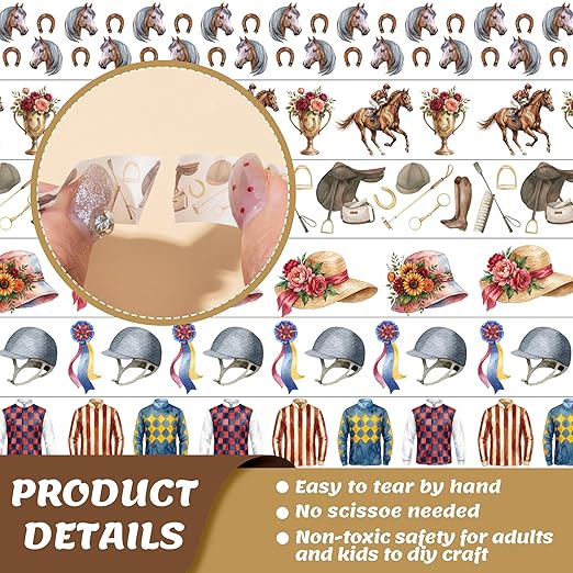 Kentucky Derby Washi Tape - 12 Rolls Horse Racing Silhouette Jockey Silk Bridle Pattern Design Premium Acid Free Repositionable Paper for Scrapbooking Gift Wrapping Journal DIY Crafts