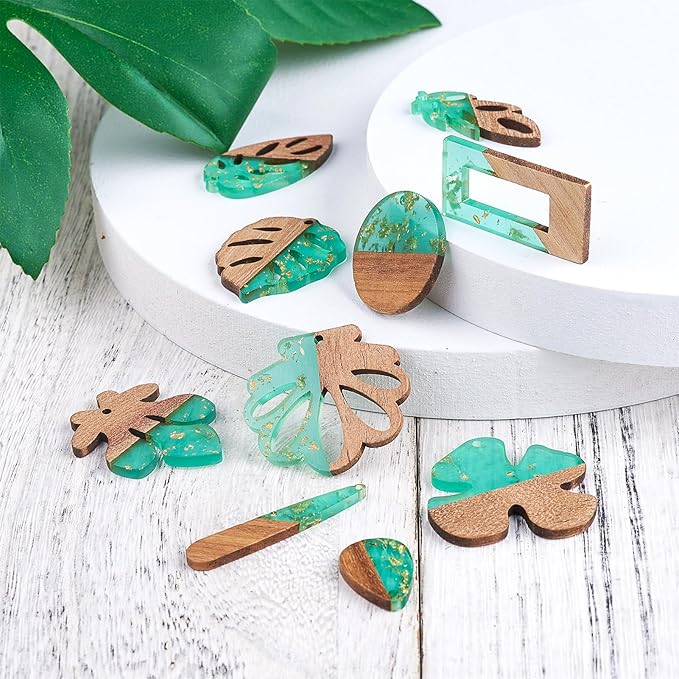Beadthoven 20pcs/10 Pairs Boho Green Leaf Resin Wood Charms DIY Bohemian Earrings Transparent Tree Leaf Resin Wood Pendants Natural Wooden Pieces Tag Pendants for Jewelry Making Necklace Keychain