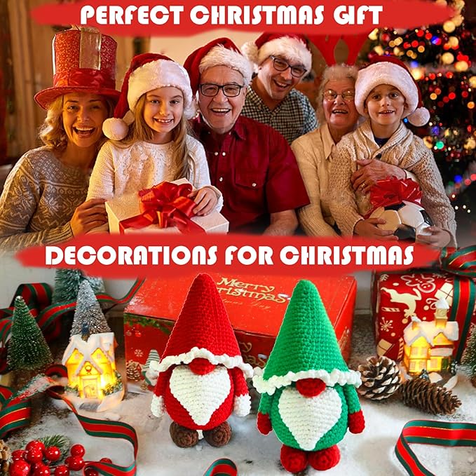 AUGVO Christmas Crochet Kit for Beginners, Crochet Starter Kits for Adults, Amigurumi Craft Knitting Crochet Animals Kits with Step-by-Step Video Tutorials, 5 Pack Gnome