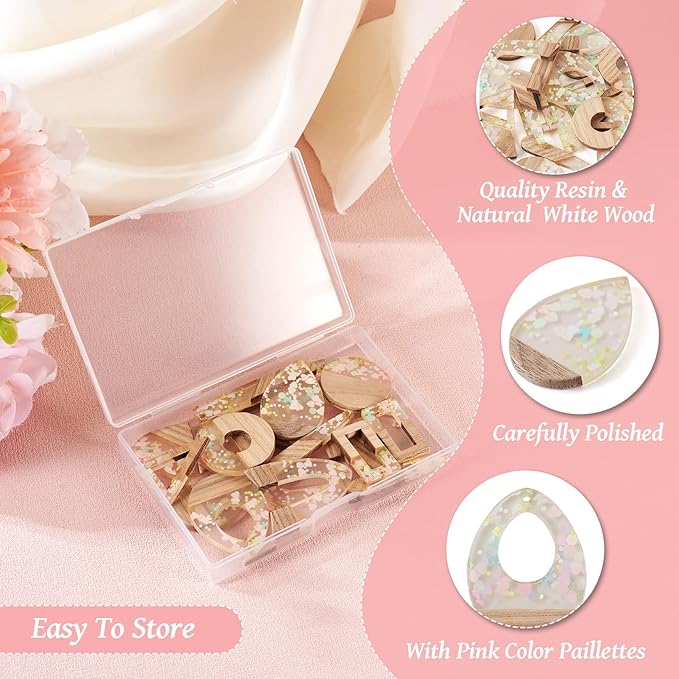 Beadthoven 20pcs/10 Pairs Resin Wood Charms DIY Earrings Pendants Pastel Color Sequin Resin Charms Mix Shape Wood Pieces for Statement Earrings Jewelry Making Necklace Ornaments DIY Supplies