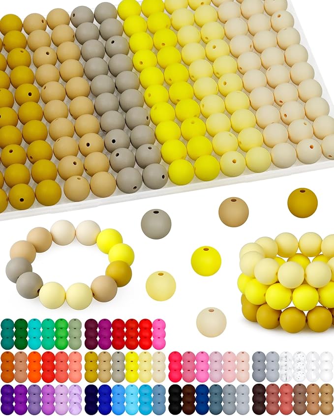 160pcs fiveizero 15mm silicone beads for keychain making - mixed color round rubber beads bulk, diy craft supplies for bracelets necklaces pens(yellow)
