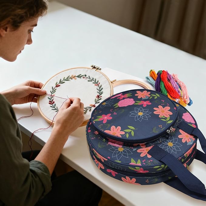 Floral Embroidery Project Bag, 13x13x3 Inch Round Cross Stitch Storage Bag, Portable Embroidery Organizer for Hoops Floss Thread Knitting Tools, Craft Gift for DIY Enthusiasts (Blue)