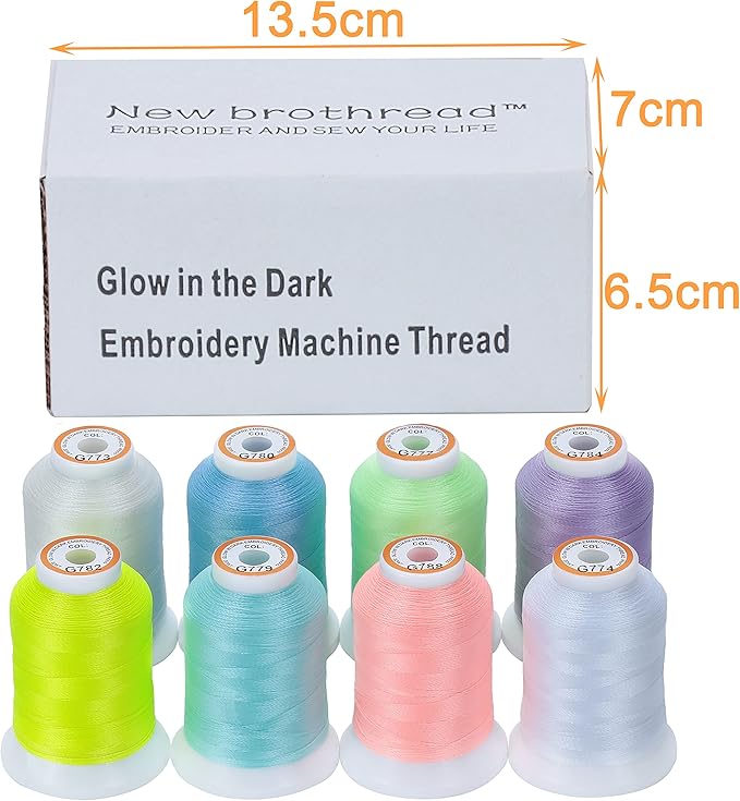 New brothread 8 Colors Luminary Glow in the Dark Embroidery Machine Thread Kit 30WT 500M(550Y) Each Spool for Embroidery, Quilting, Sewing