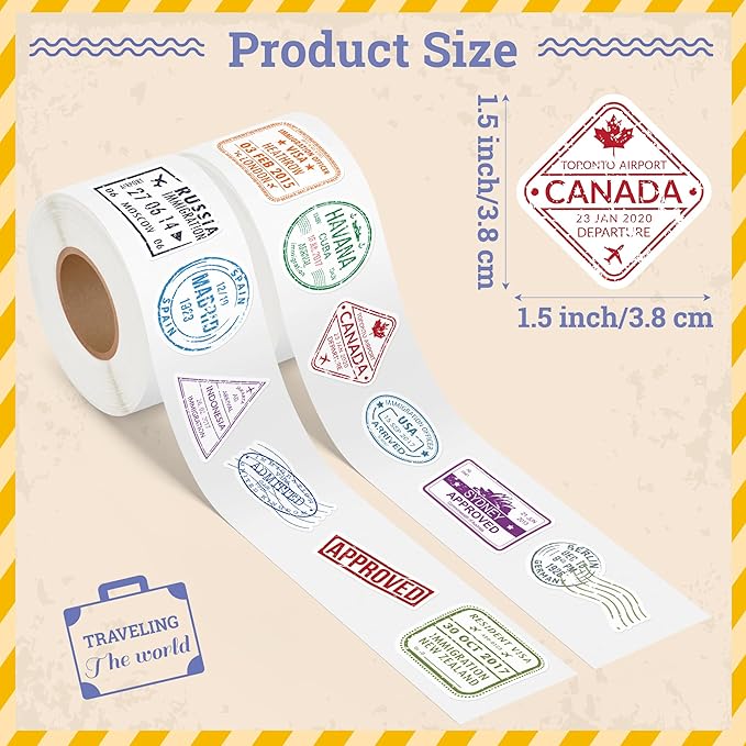 h1vojoxo passport stamps sticker rolls - 1000pcs decorative mini vintage travel country stickers for luggage 16 countries retro travel passport stamps stickers for adults laptops suitcases scrapbook