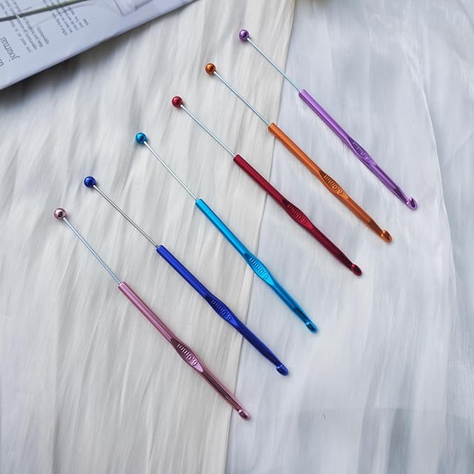 6 Pack DIY Beadable Crochet Hooks Knitting Needles Set Aluminum Handle for Focal Beads Colors (Blue Purple Red Orange Pink Light Blue, 6 mm)