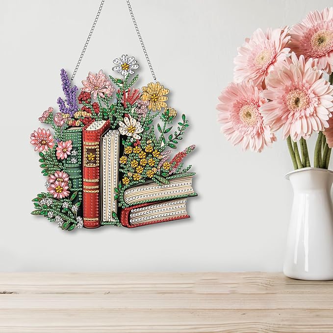 Kaliosy Sun Catcher Flowers Window Hanging - Outdoor Porch Decor, Books-Themed Diamond Art Ornament, Acrylic Board Diamond Painting for Wall Home Garden, Front Door Sign, Indoor Decor 8x8 inch