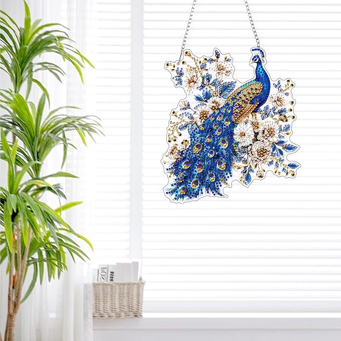 Lxmsja DIY Peacock Diamond Painting Hanging Ornament, Double-Sided Acrylic Sparkling Flowers Diamond Art Kit, Special Shaped Suncatcher Hanging Pendant Window Art Kit 8x7 inch