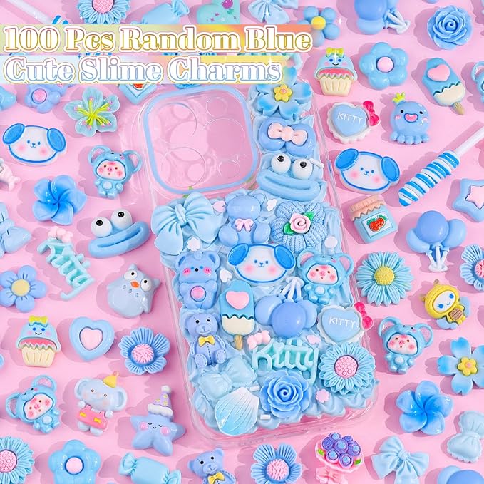 100PCS Blue Slime Charms Cute Flatback Resin Charms for Slime, Random Kawaii Decoden Charm for Embellishments Phone Junk Case Charms Bulk, Hairpins Scrapbooking Crafting & DIY Decoration