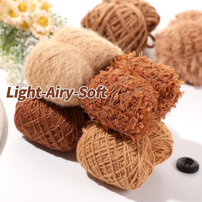 Hand Spun Art Yarn Kit - 6 Skeins 525 -Yard Vintage Style Blended Fibers with Wood Buttons & Crochet Hook for Knitting, Crochet, Textile Decorative, Tassels, Jewelry Making, Fiber Crafts (Coffee)