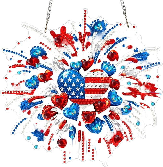 MXJSUA American Flag Fireworks Diamond Painting Art Window Suncatchers, Diamond Art Kits for Adults Hanging Ornaments with Chain, 5D Special Shape Crystal Diamond Pendant Accessories for Decor Gift