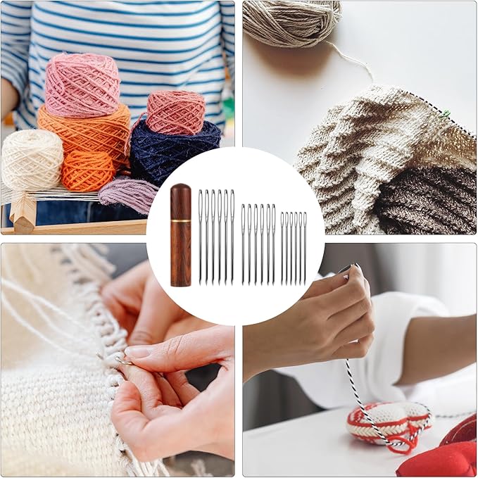 18pcs Large Eye Sewing Needles, Stainless Steel Sharp Tapestry Needles Hand Knitting Needles Embroidery Hand Needles with Wooden Needle Case for Crochet Projects (3 Sizes)