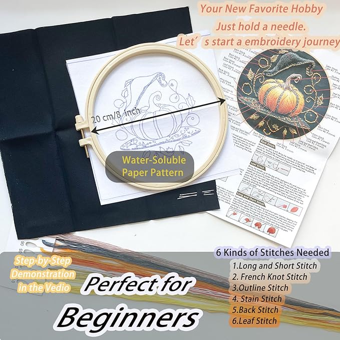 FONNUY Pumpkin Embroidery Kit for Beginners, Pre-Stamped Pattern Kits for Adults with Hoop, Easy to Follow Color Thread Needlework, 8'' Hoop (Witch Hat 2)
