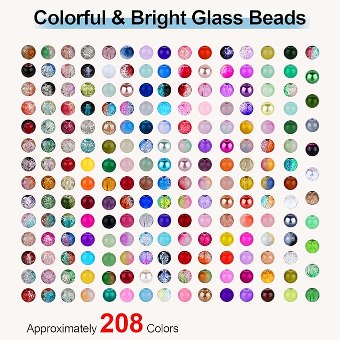 XSEINO About 3800PCS 8mm Glass Beads Bracelet Making Set, 208 Assorted Colors Crystal Glass Beads for Making and DIY Crafts