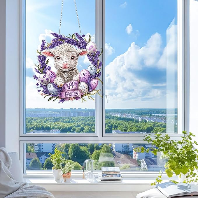 KEYIFA Easter Diamond Painting Kit, DIY Lamb Diamond Art for Adults, Diamonds Pendant Special Shaped Rhinestone Window Hanging Ornaments Home Garden Wall Door Decoration, 20cm Width