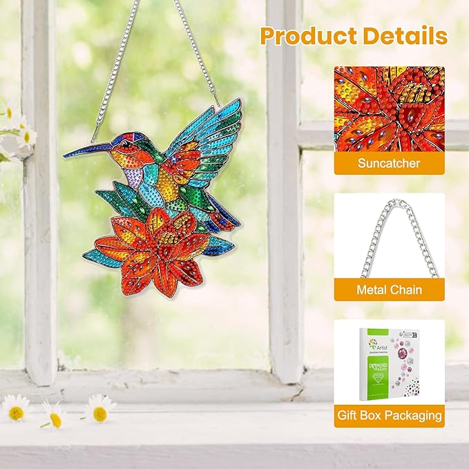 EOBROMD Diamond Hanging Art Kits for Adults Flower, Bird Diamond Art Painting Suncatcher, DIY Special Shaped Rhinestone Kits for Adults, Window Pendants Home Garden Wall Hanging Ornament
