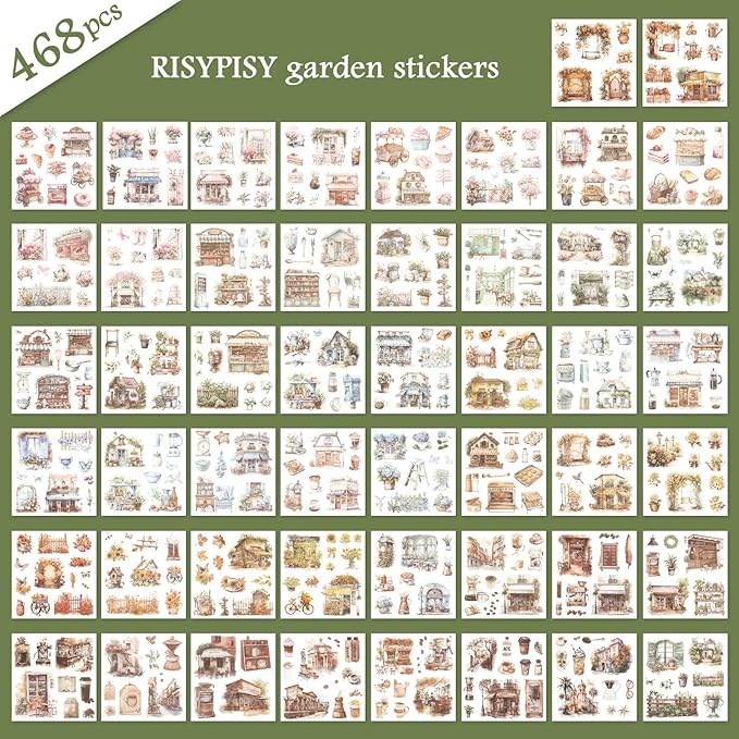 RISYPISY Pre-Cut Garden Washi Sticker for Journaling 50 Sheet Nature Scrapbooking Stickers Ephemera for Junk Journal Supplies 368PCS Scrapbooking Supplies for Bujo Planner Collage Crafts