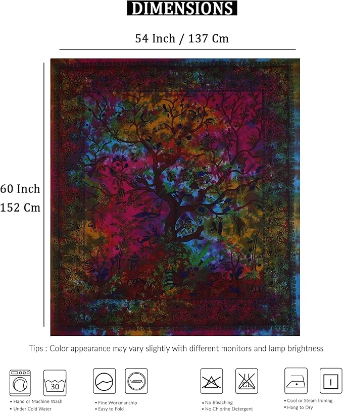 the art box tapestry (medium, 60x54 inch) – tree of life wall hanging, indian cotton bedspread, picnic sheet, wall decor, blanket, wall art, colorful bedroom decor