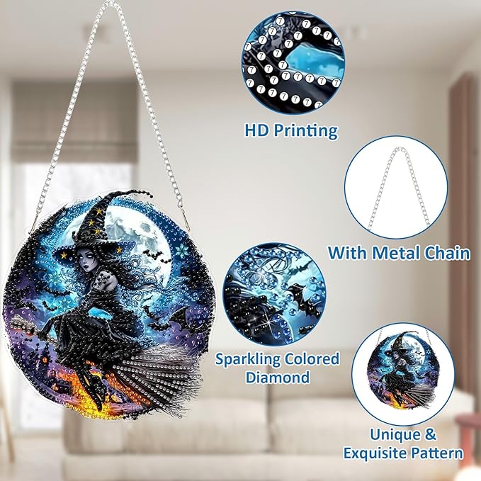 SENQAO Halloween Diamond Art Hanging Kits for Adults Beginners, DIY Acrylic 5D Special Shaped Crystal Diamond Gem Art Painting Hanging Ornament for Home Wall Decor and Gift（Retro Witch）