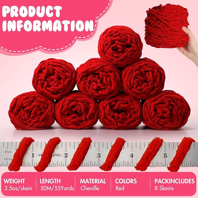 Buryeah 8 Pack Chunky Chenille Yarn for Crocheting Soft Thick Fluffy Yarn for Hand Knitting Bulky Velvet Blanket Plush for Weaving DIY Crafts Each 3.5 oz 55 Yards (Red)