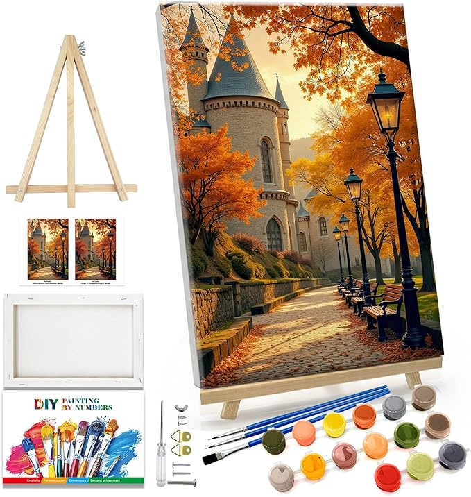 JOOZ Paint by Numbers Kit for Adults with Frame Autumn Landscape Paint by Number with Easel Castle Adult Paint by Number Kits Framed Canvas Fall Leaves Oil Painting Kits for Home Wall Decor 8x12 Inch