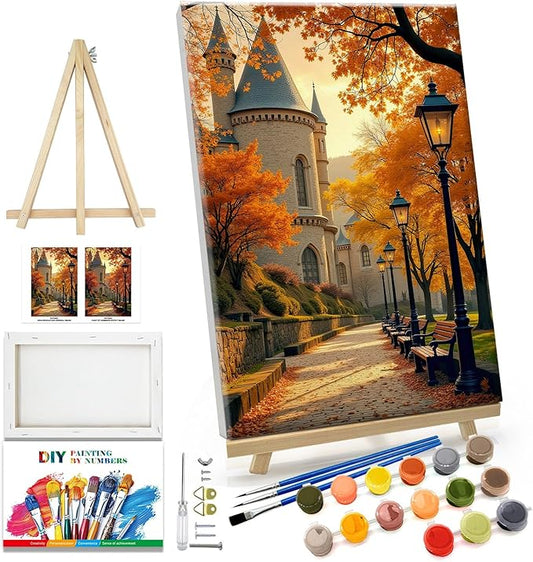 JOOZ Paint by Numbers Kit for Adults with Frame Autumn Landscape Paint by Number with Easel Castle Adult Paint by Number Kits Framed Canvas Fall Leaves Oil Painting Kits for Home Wall Decor 8x12 Inch