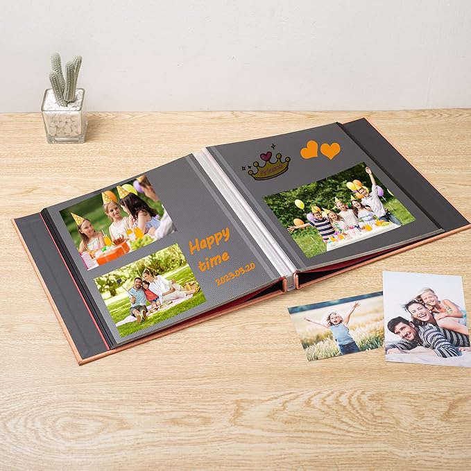 Large Photo Album Self Adhesive for 4x6 8x10 Magnetic Scrapbook Album DIY 60 Black Sticky Pages Linen Cover Photo Album(Orange)