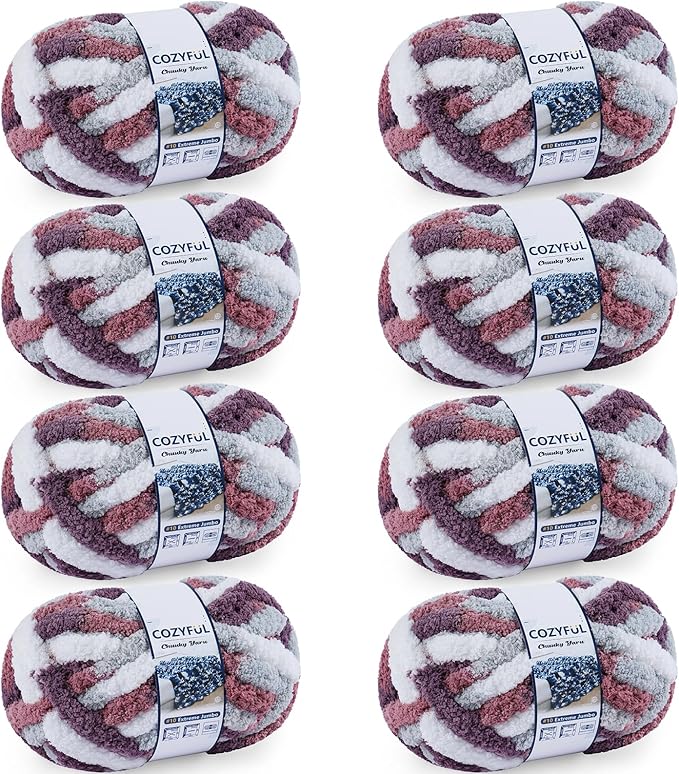 Chunky Yarn for Hand Knitting - #10 Chunky Chenille Blanket Yarn, Jumbo Big Thick Chunky Yarns for Crocheting, Tie Dye Bulky Knit Yarns, 8 Skein (25 yds 8 oz Each Skein), Purple&Mauve&Grey