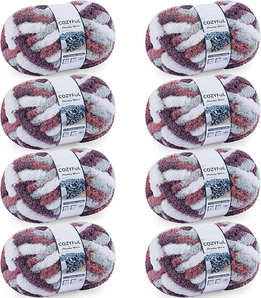 Chunky Yarn for Hand Knitting - #10 Chunky Chenille Blanket Yarn, Jumbo Big Thick Chunky Yarns for Crocheting, Tie Dye Bulky Knit Yarns, 8 Skein (25 yds 8 oz Each Skein), Purple&Mauve&Grey