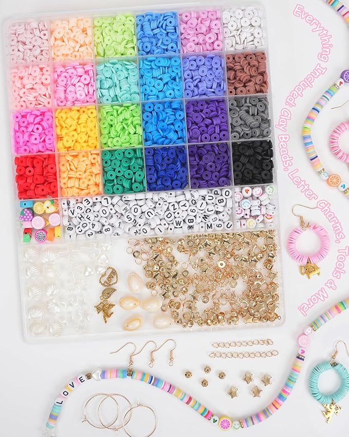 Mio Angle Clay Beads Bracelet Making Kit 24 Colors Flat Preppy Beads for Friendship Jewelry Making Polymer Heishi Beads with Charms Gifts for Teen Girls Crafts for Girls Ages 8-12