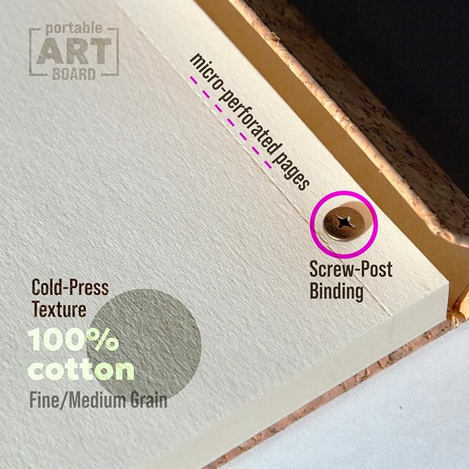 Cork Watercolor Pad Hardcover - 100% Cotton Paper 200GSM Cold Press - Magnetic Closure Watercolor Sketchbook, 40 Tear-Off Sheets, Lay-Flat - Artist Watercolor Paper Pad (Light Cork, 8,5х7,7 inch)