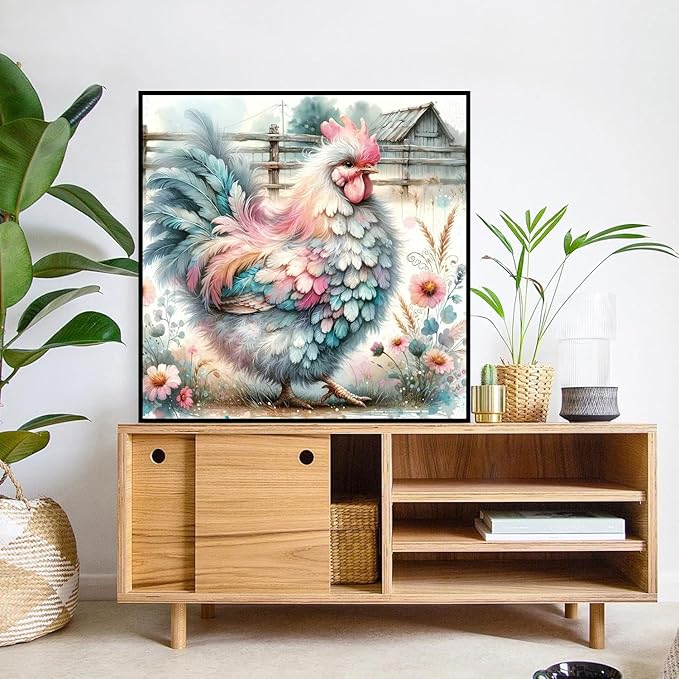 mrpwnle Chicken Diamond Art Kits for Adults, Colorful Rooster Diamond Painting Kits for Adults Beginners, 5D Round Drill Gem Art Easy Diamonds Painting Kit, Home Wall Decor 13.8X13.8 Inch