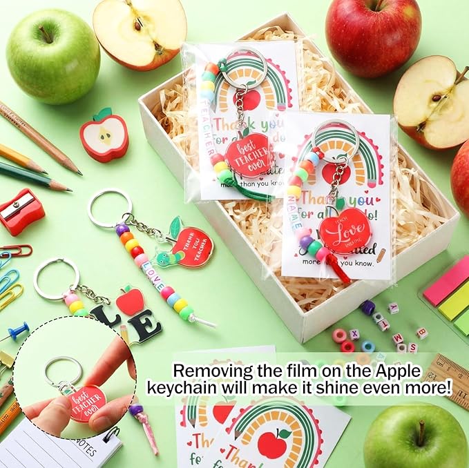 Suncalla 984 Pcs 24 Set Teacher Appreciation Gifts Keychain Making Kit DIY Cute Apple Charm Beads Key Chain Crafts Thank You for All You Do Adjustable Letter Cards Strings Kit Teacher Day Gift