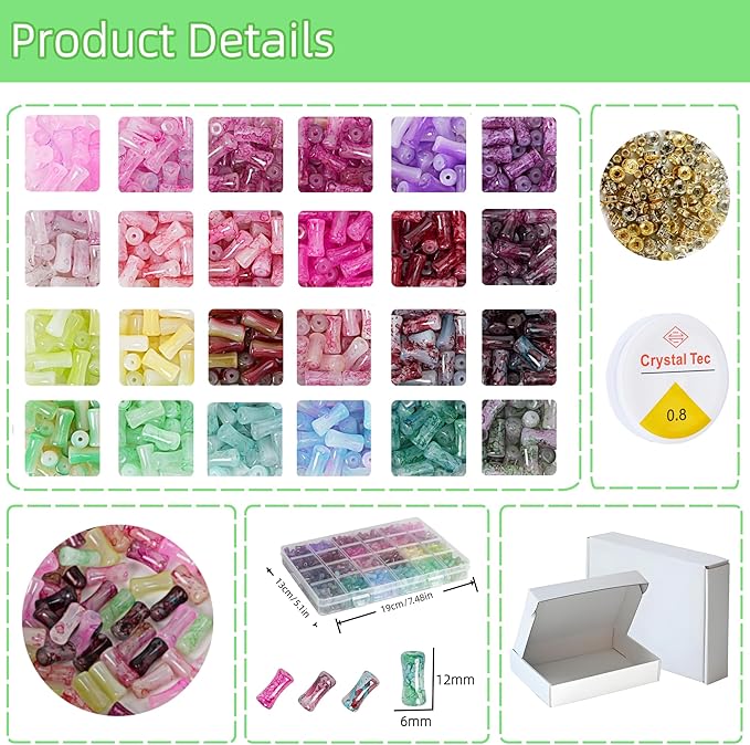 REVKI 6 * 12mm Glass Beads Bracelet Making Kit for Kids,600pcs 24 Colors Natural Bamboo Crystal Beads for Jewelry Making,Glass Beads for DIY Necklace Crafts