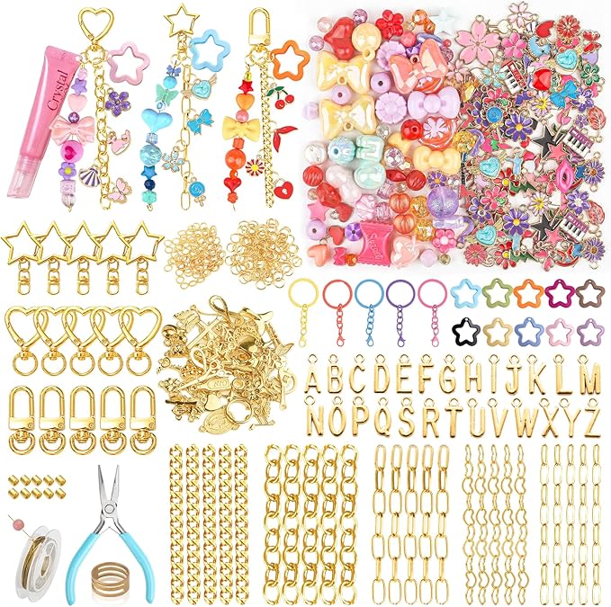 Ecoofor 364 Pcs Keychain Making Kit for Kids & Adults – Includes 20 Keychain Clips, 25 Extender Chains, 136 Charms, Beading Accessories, Jewelry Pliers – DIY Bag Charms & Jewelry Craft Kit Supplies