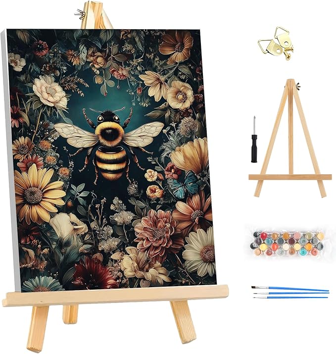 EOBROMD Framed Paint by Numbers Kits for Adults - Wooden Easel, Bee Flowers DIY Kits Crafts for Beginner, Painting on Stretched Canvas, Oil Paint by Numbers for Home Decor Gift 10x14 Inch