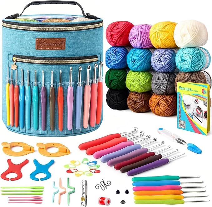 yarniss crochet kits for beginners,1120 yards yarn kits 16 colors,crochet set with 14 size ergonomic crochet hooks 2.0mm~10.0mm,crochet bag organizer,slate blue