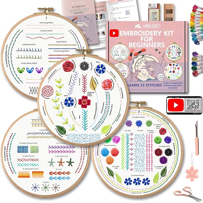 Moni Crafts Embroidery Kit for Beginners – DIY Hand Embroidery Set for Adults with 4 Stamped Patterns, Hoop, Threads, Needles and Step-by-Step Stitch Guide to Learn 33 Stitches