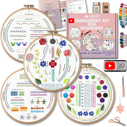 Moni Crafts Embroidery Kit for Beginners – DIY Hand Embroidery Set for Adults with 4 Stamped Patterns, Hoop, Threads, Needles and Step-by-Step Stitch Guide to Learn 33 Stitches