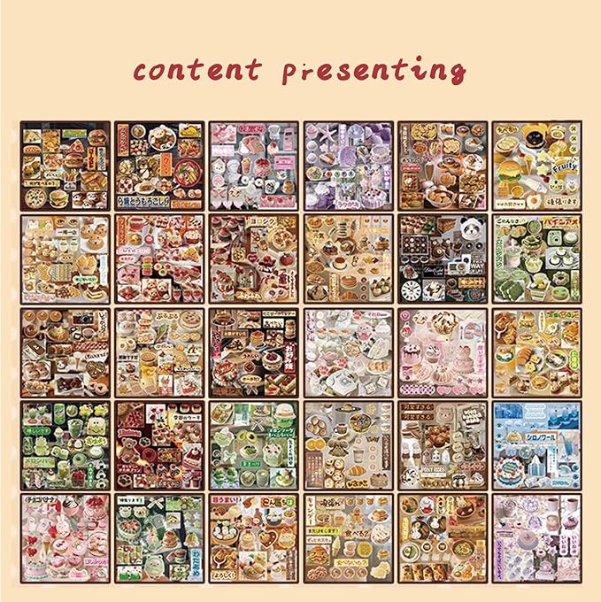 Japanese Sticker Book - Kawaii Food Theme - 30 Sheets Decorative Vinyl Decals for Journals, Planners & Accessories, Assorted Sushi Donuts Fruits Designs (Red)