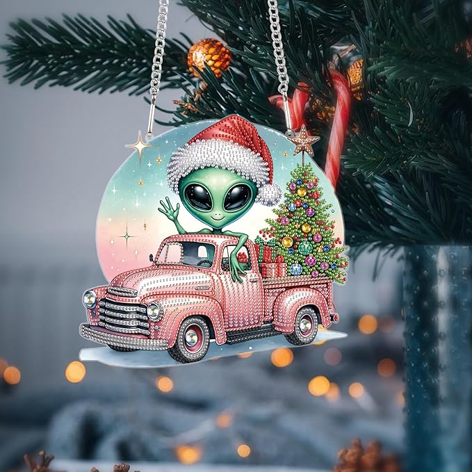 Alien Diamond Painting Hanging Ornament Kit, 5D DIY Christmas Truck & Tree Pendant Decoration with Santa Hat, Crystal Diamond Art Kit for Adults Home Wall Door Window Xmas Decor (24.1x22.6cm)