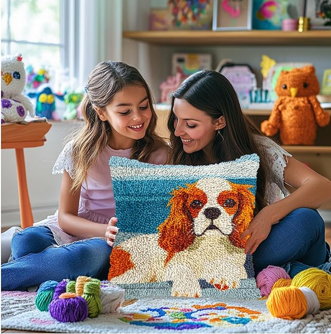 DIY Latch Hook Pillow Kits for Adults Cute Cavalier King Charles Dog Printed Pillowcase Crochet Yarns Hooking Handmade Pillow Cover Cushion for Home Sofa Decoration 17x17inch(1)