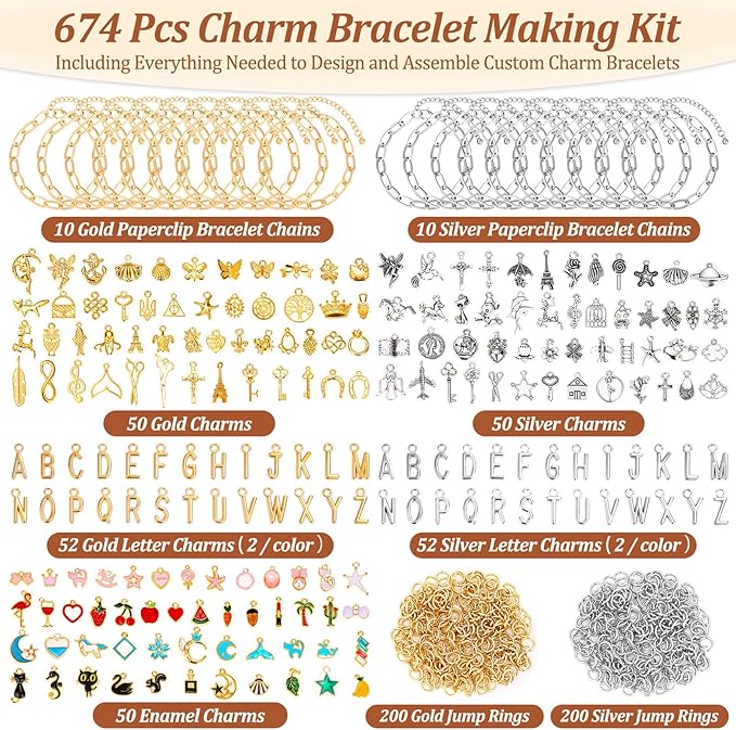Mckanti 674 Pieces Charm Bracelet Making Kit, Including Paperclip Chain Bracelets, Charms, Jump Rings for DIY Bracelet Making(Gold & Silver)