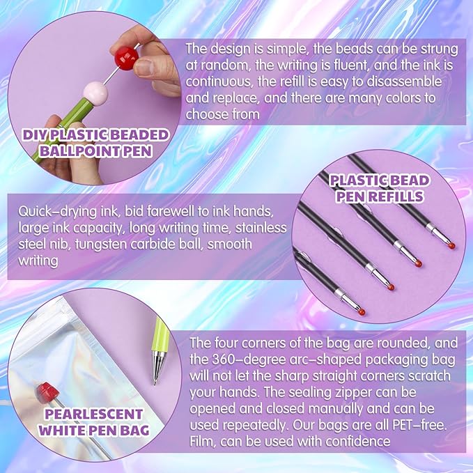 Jetec 150 Pcs DIY Beadable Pens Kit 50 Plastic Shaft Black Ink Beaded Pens with 50 Refills 50 Bags for Making Gift Office Supplies (Vivid Colors, Stylish Style)