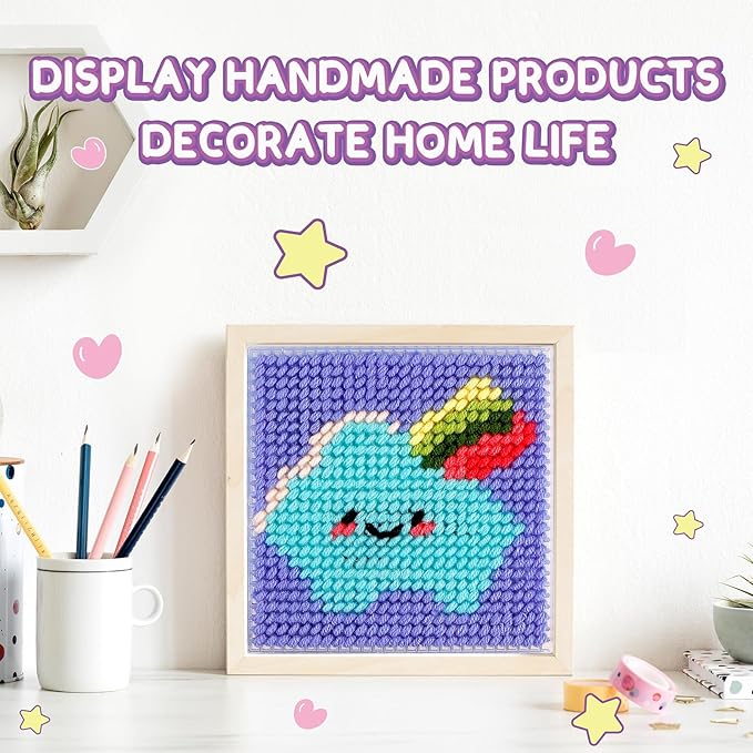 Caydo 8-in-1 Cross Stitch Kit for Beginners Kids, Includes 8 PCS Plastic Canvas with Pre-Patterns, 13 Colors Threads, Instructions, Embroidery Needles for Sewing and Coaster Needlepoint
