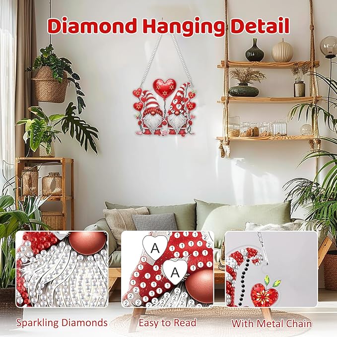 MEIYUDA Valentine's Day Diamond Painting Pendant Kits, DIY Love Gnomes Diamond Art Window Hanging Ornament for Adults, 5D Special Shape Rhinestone Pendant for Home Decoration