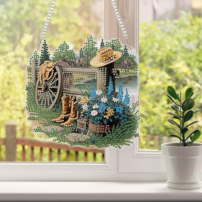 HEIBAGO Boot Diamond Art Hanging Kits Farm for Adults, Cowboy Hat Diamond Art Suncatchers,5D Special Shape Diamond Painting Pendant Window Ornament Gifts for Home Garden Door Wall Decor 8.3x8.3In