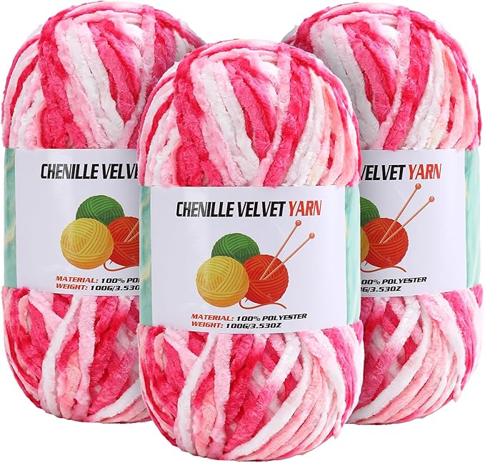 3 * 100g Velvet Chenille Chunky Yarn for Crocheting, Handcrafts Weaving Soft Chenille Yarn for Crocheting Clearance, Used for Making Baby Yarns Blanket, Clothes, Knitting Creations (Colorful - H)